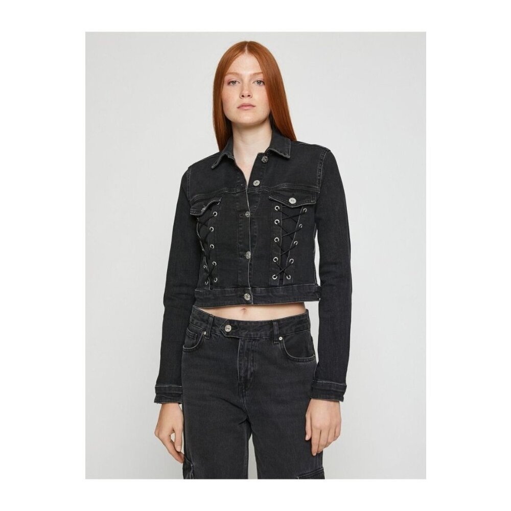 Refuge Lace Up Front Black‎ Denim Jean Jacket Size Large
